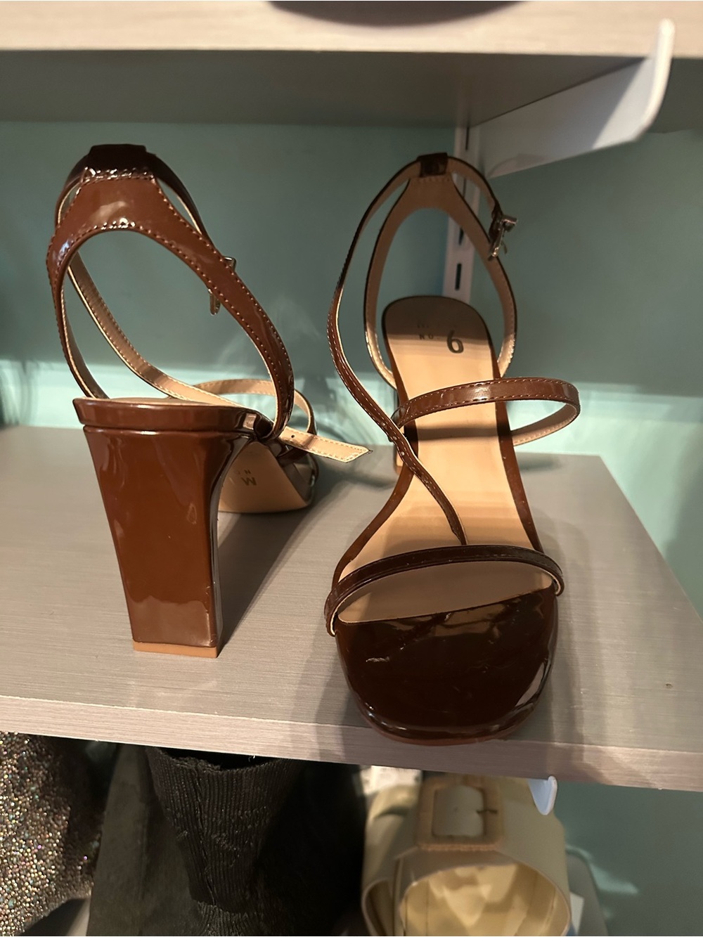 Mix No. 6 Brown Patent Strappy High Block Heels